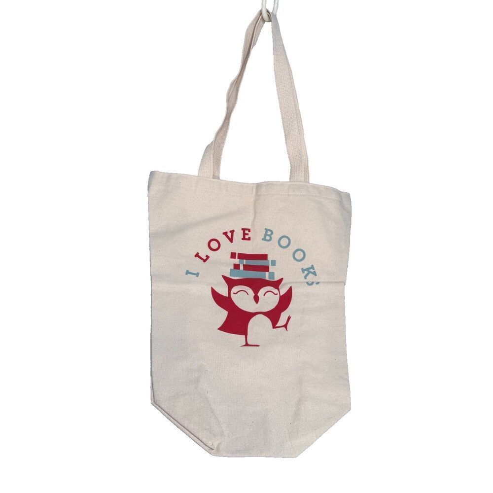 I Love Books Owl Tote Bag Red Owl Top Hat Tan Cotton Tapered Shopper 18x15 EUC-